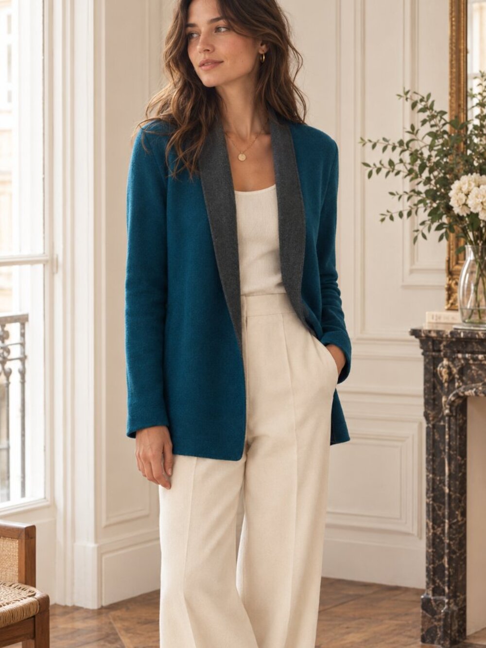 Eileen Fisher Merino Wool Jacket Womens S Teal Blue Double Knit Open Front